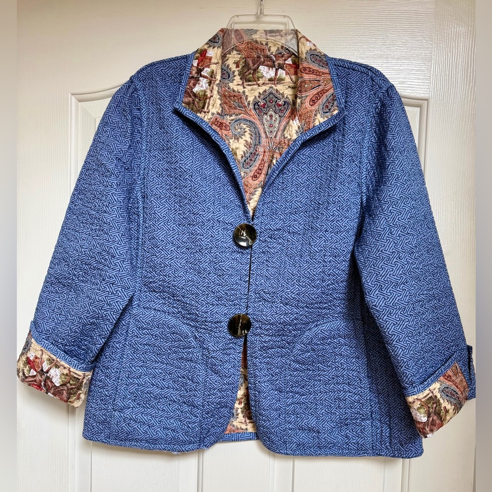 Reversible Quilted Jacket Womens Large Blue Paisley Equestrian Horse Blazer